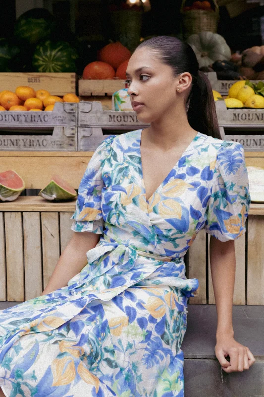 Strapless Women Dress with a Built - in Bra for Comfort and SupportMagnolia Blue Orange Tropical SS Midi Wrap Dress Strapless Women Dress with a Built - in Bra for Comfort and SupportMagnolia Blue Orange Tropical SS Midi Wrap Dress