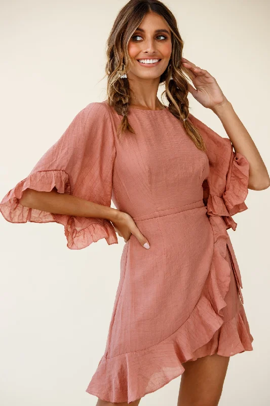 Make It Happen Flared Sleeve Ruffle Trim Dress Rose