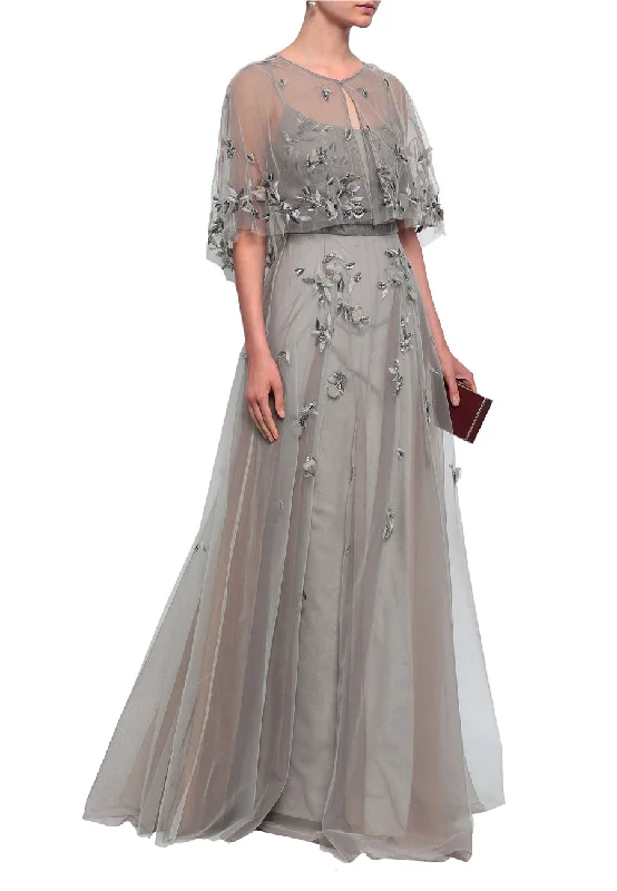 Silver Cape Embellished Tulle Gown