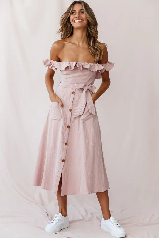 Off - the - Shoulder Women Dress for a Romantic and Feminine LookMatisse Off-Shoulder Placket Dress Blush Off - the - Shoulder Women Dress for a Romantic and Feminine LookMatisse Off-Shoulder Placket Dress Blush