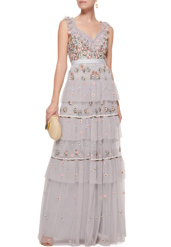 Pleated Women Dress with a Timeless and Elegant TextureLight Grey Whimsical Ruffled Neckline Floral Embroidered Gown Pleated Women Dress with a Timeless and Elegant TextureLight Grey Whimsical Ruffled Neckline Floral Embroidered Gown