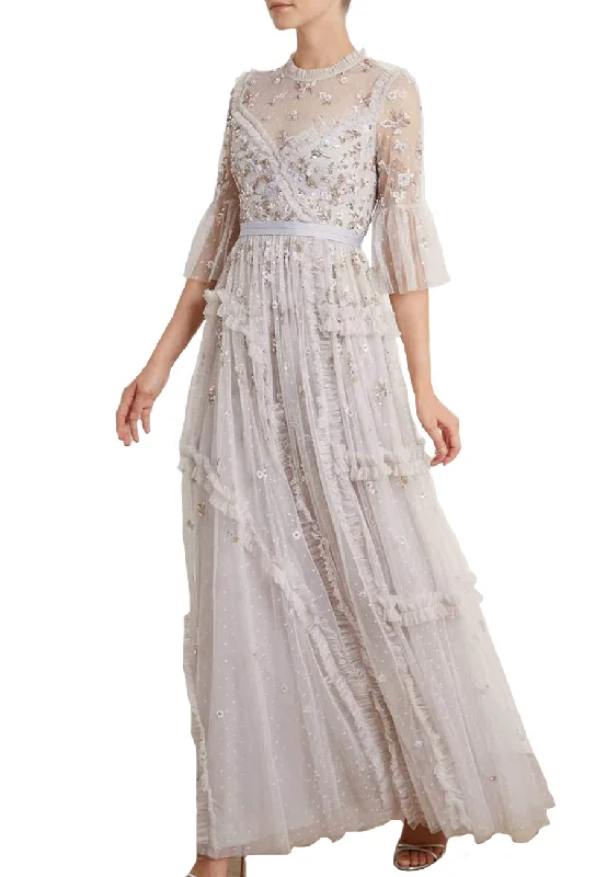 Mini Women Dress with a Short Hem for a Young and Trendy StyleLilac Shimmer Ditsy Floral Embellished Gown Mini Women Dress with a Short Hem for a Young and Trendy StyleLilac Shimmer Ditsy Floral Embellished Gown