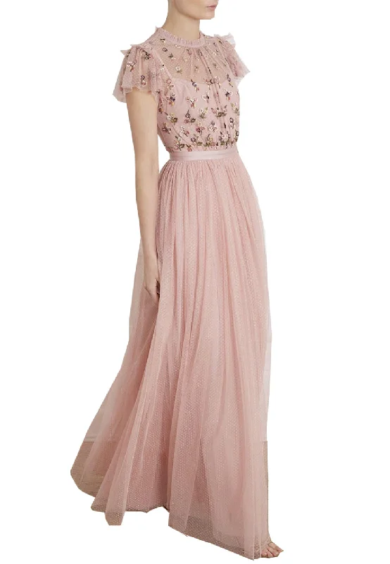 Pink Rococo Floral Embellished Tulle Maxi Dress