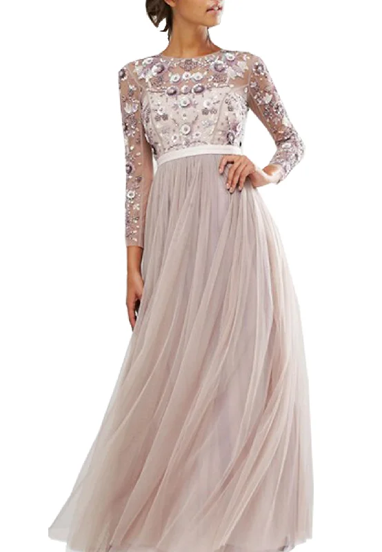 Purple Long Sleeves Floral Embroidered Gown