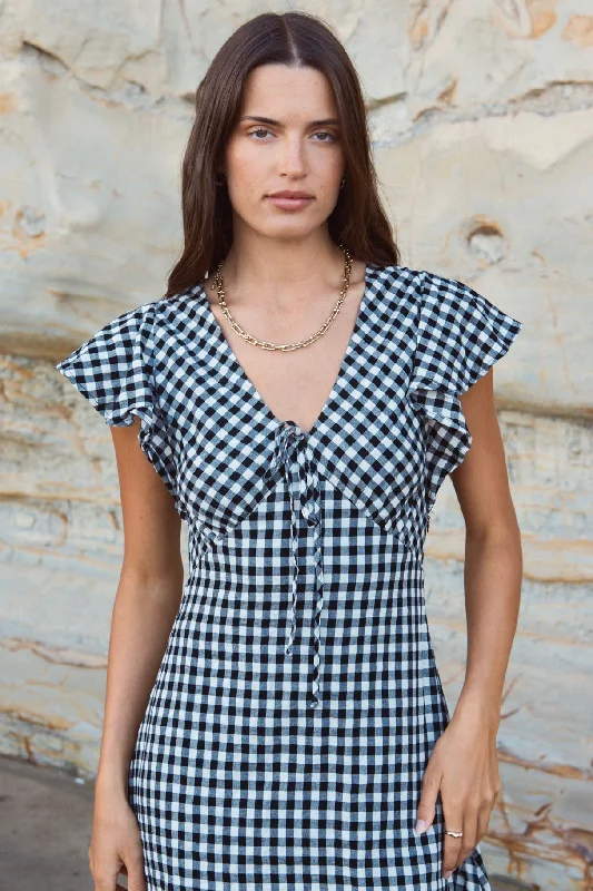 Ovation Black Gingham Flutter Ss Keyhole Tie Midi Dress