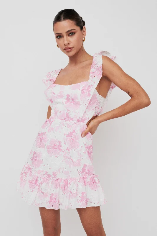 Mini Women Dress with a Short Hem for a Young and Trendy StylePorcia Tied Back Frill Dress Floral Pink Mini Women Dress with a Short Hem for a Young and Trendy StylePorcia Tied Back Frill Dress Floral Pink