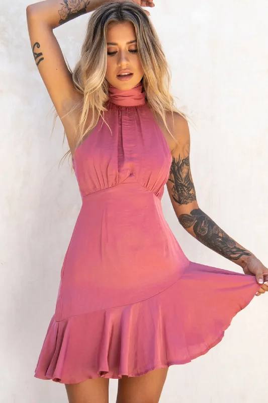Ruffled Women Dress with Multiple Layers for a Playful and Girly StylePromises Halterneck Fluted Hem Dress Rose Ruffled Women Dress with Multiple Layers for a Playful and Girly StylePromises Halterneck Fluted Hem Dress Rose