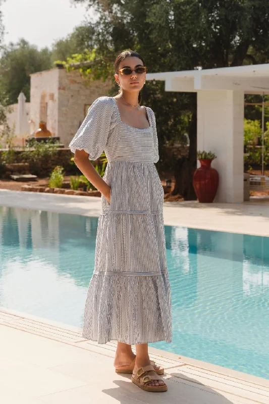 Off - the - Shoulder Women Dress for a Romantic and Feminine LookSparrow Blue Stripe Puff Short Sleeve Tiered Maxi Dress Off - the - Shoulder Women Dress for a Romantic and Feminine LookSparrow Blue Stripe Puff Short Sleeve Tiered Maxi Dress