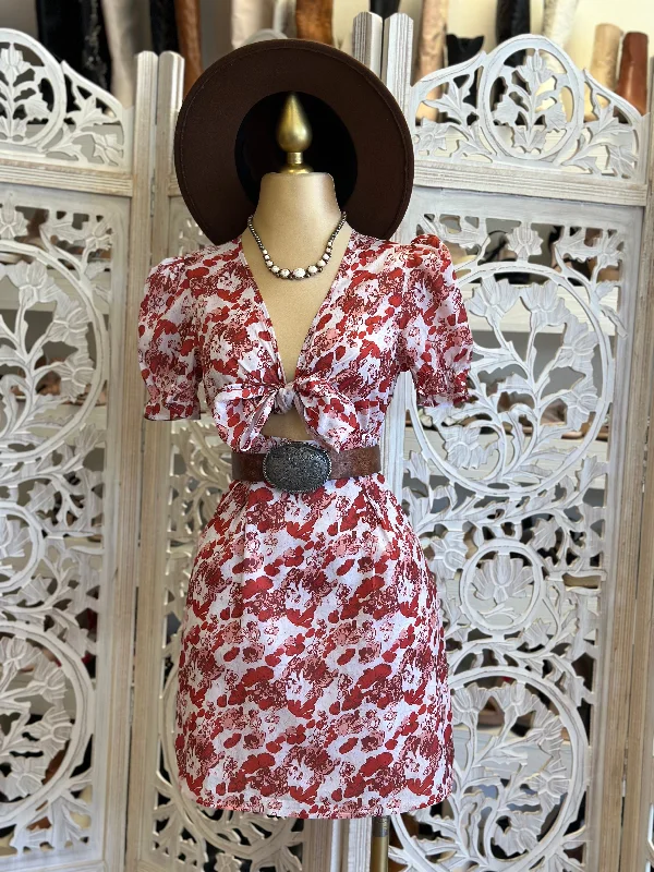 Mini Women Dress with a Short Hem for a Young and Trendy StyleRed Floral Bow Tie Dress- Not Stretchy Mini Women Dress with a Short Hem for a Young and Trendy StyleRed Floral Bow Tie Dress- Not Stretchy