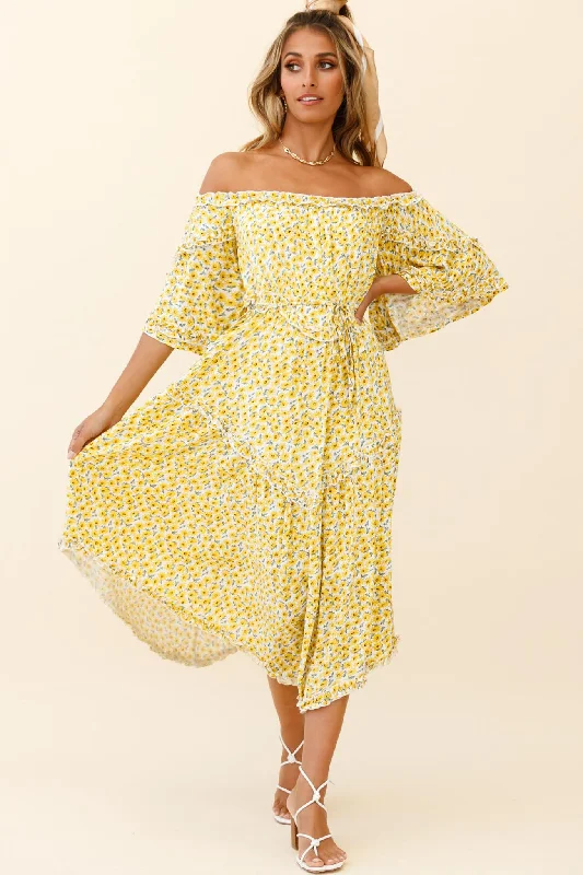 Ruffled Women Dress with Multiple Layers for a Playful and Girly StyleRenoir Off-Shoulder Frill Trim Dress Floral Print Yellow Ruffled Women Dress with Multiple Layers for a Playful and Girly StyleRenoir Off-Shoulder Frill Trim Dress Floral Print Yellow