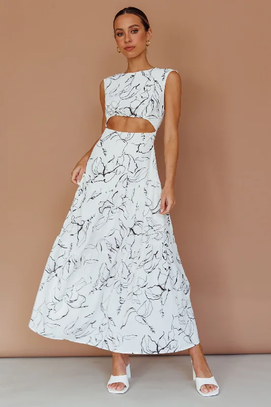 Backless Women Dress for a Sexy and Alluring Look at Evening EventsShaniqua Cut-Out Sleeveless Midi Dress Print White Backless Women Dress for a Sexy and Alluring Look at Evening EventsShaniqua Cut-Out Sleeveless Midi Dress Print White