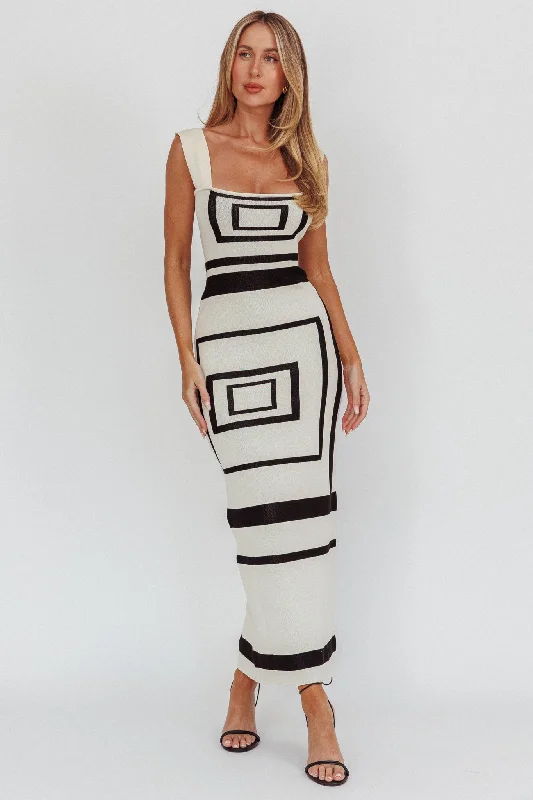 Wrap - Style Women Dress with Adjustable Fit for All Body TypesStargazing Square Print Knit Maxi Dress Beige