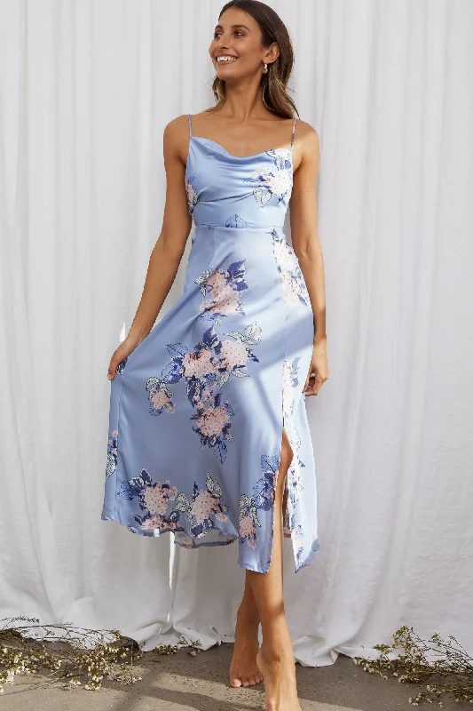 Ball Gown Women Dress with a Full Skirt for a Princess - like LookSuki Front Split Midi Dress Hydrangea Print Blue Ball Gown Women Dress with a Full Skirt for a Princess - like LookSuki Front Split Midi Dress Hydrangea Print Blue