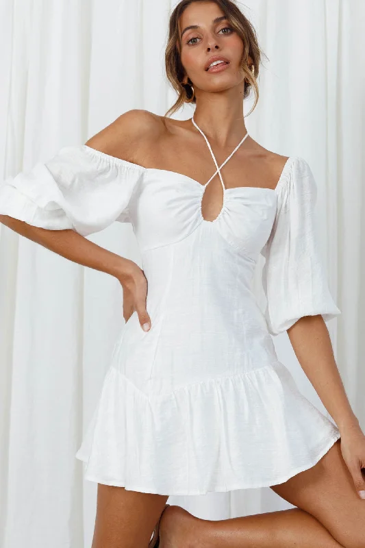 Little Black Women Dress with Sequins for a Glamorous Night OutSummertime String-Tie Halterneck Puff Sleeve Mini Dress White Little Black Women Dress with Sequins for a Glamorous Night OutSummertime String-Tie Halterneck Puff Sleeve Mini Dress White
