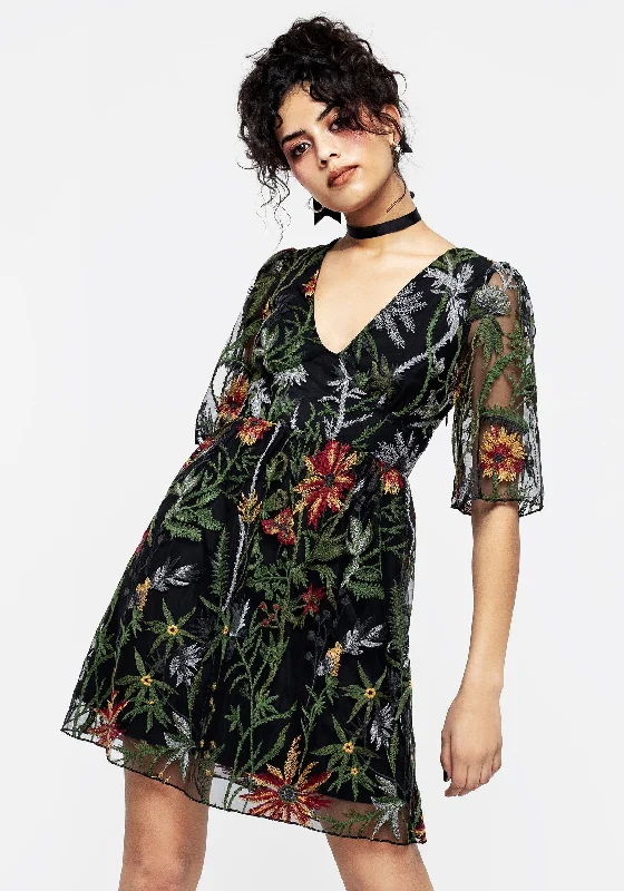 Mermaid - Style Women Dress with a Fitted Silhouette for Special OccasionsWildflower Embroidered Mesh Mini Dress Mermaid - Style Women Dress with a Fitted Silhouette for Special OccasionsWildflower Embroidered Mesh Mini Dress
