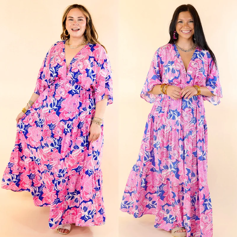 Empire Waist Women Dress to Accentuate the Bust and Conceal the Waist Empire Waist Women Dress to Accentuate the Bust and Conceal the Waist Waving Hello Floral Maxi Dress with V Neckline in Blue and Pink