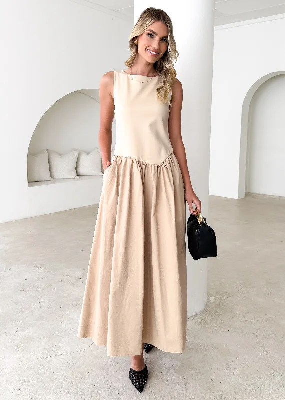 Midi dresses with button - down skirts for a unique and functional designAnnaleise Midi Dress - Beige Midi dresses with button - down skirts for a unique and functional designAnnaleise Midi Dress - Beige