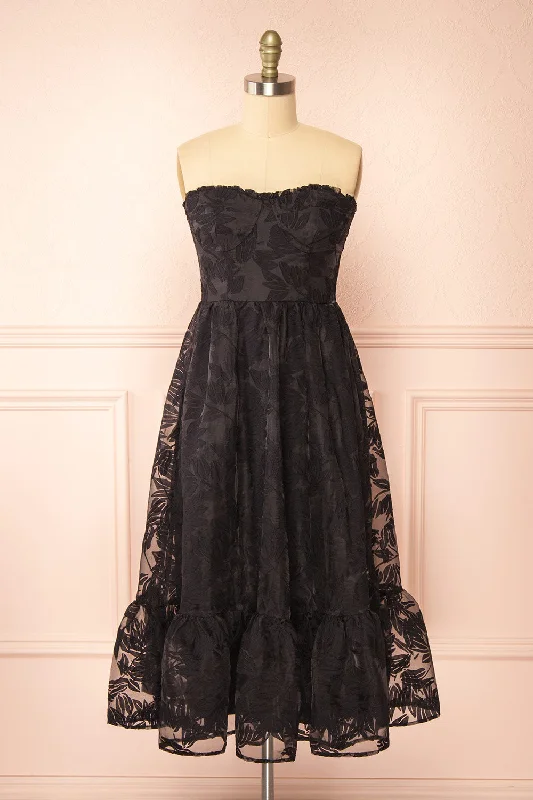 Midi dresses with polka dot prints for a playful summer outfitArhea | Black Bustier Floral Midi Dress