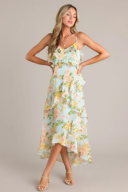 Sleeveless midi dresses with lace details for summer weddingsBlossom In Time Blue Multi Floral Ruffle Tiered Midi Dress
