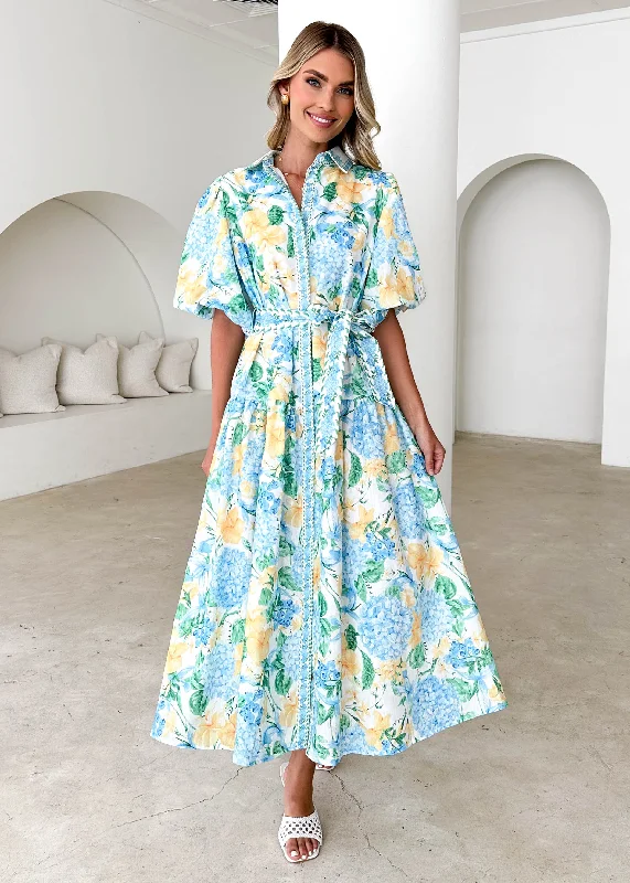 Midi dresses with geometric cutouts for a contemporary and edgy lookCeres Midi Dress - Blue Hydrangea