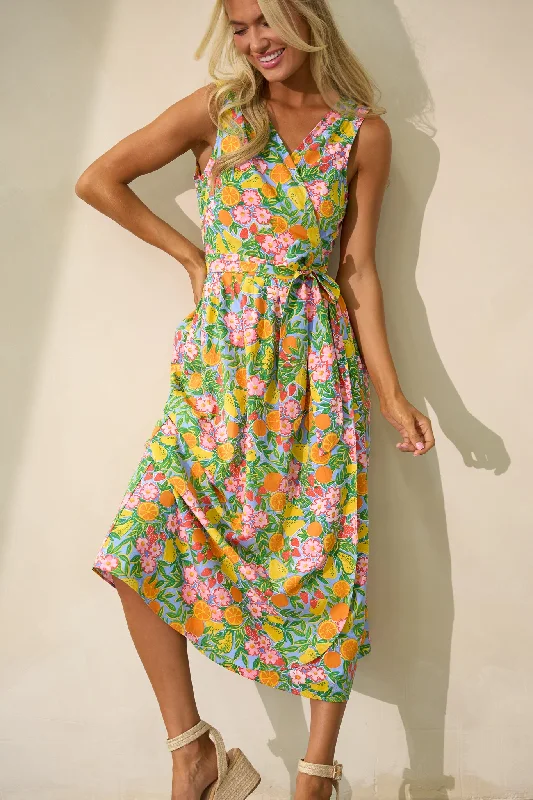 Maxi - inspired midi dresses with flowing fabrics for a beachy vibeCitrus Bloom Sky Blue Multi Print Midi Wrap Dress