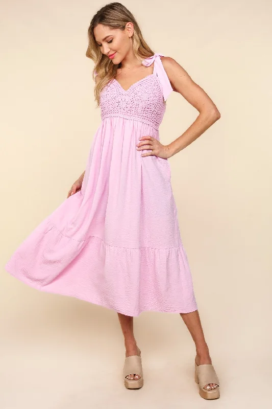 Midi dresses with keyhole backs for a flirty and unexpected detailCrochet Lace Ruffle Hem Cami Midi Dress
