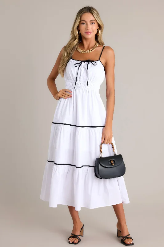 Midi dresses with printed lining for a hidden and stylish detailDelightful Discoveries White Tiered Midi Dress