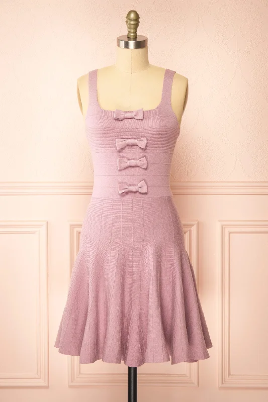 Midi dresses with polka dot prints for a playful summer outfitDelphen | Short Mauve Ribbed Dress w/ Bows