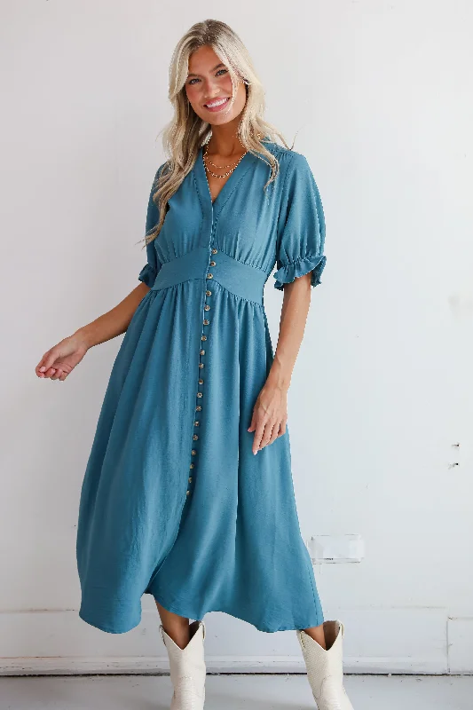 Midi dresses with tassel accents for a bohemian and free - spirited styleFINAL SALE - Exceptionally Graceful Teal Midi Dress