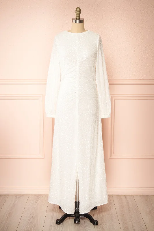 Midi dresses with pleated skirts for a timeless and elegant appealFairlie | White Maxi Dress w/ Sequins