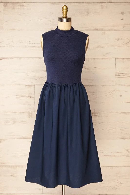 Midi dresses with tiered skirts for a bohemian festival lookFrell Navy | Midi Dress w/ Mock Neck
