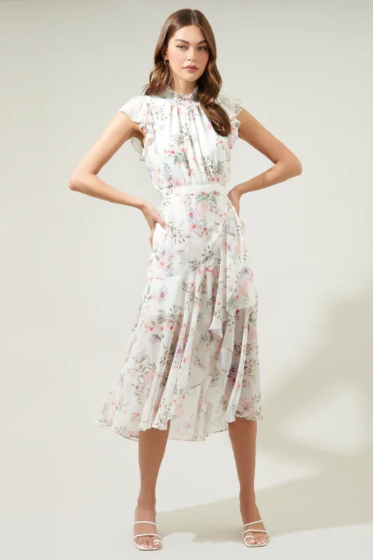 Midi dresses with bow accents for a sweet and charming lookHillary Tana Blouson Drape Tiered Midi Dress