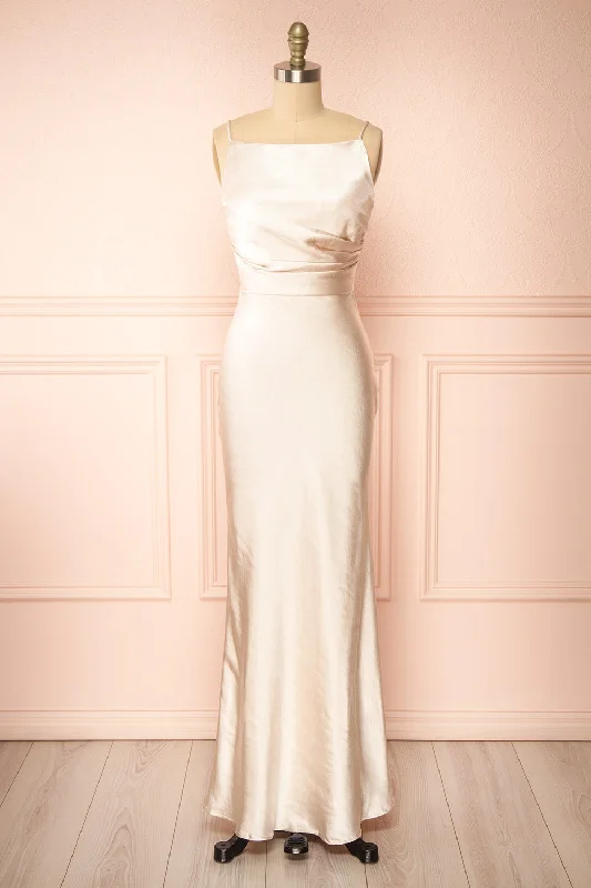 Wrap - style midi dresses in silk for a sophisticated office lookJazti Champagne | Satin Maxi Dress