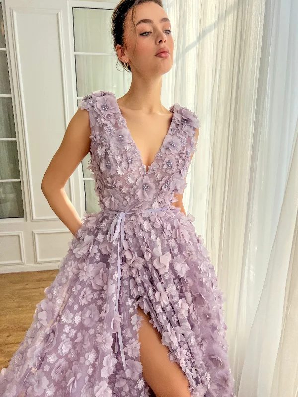 Midi dresses with printed lining for a hidden and stylish detailLavender Petal Dreamy Gown