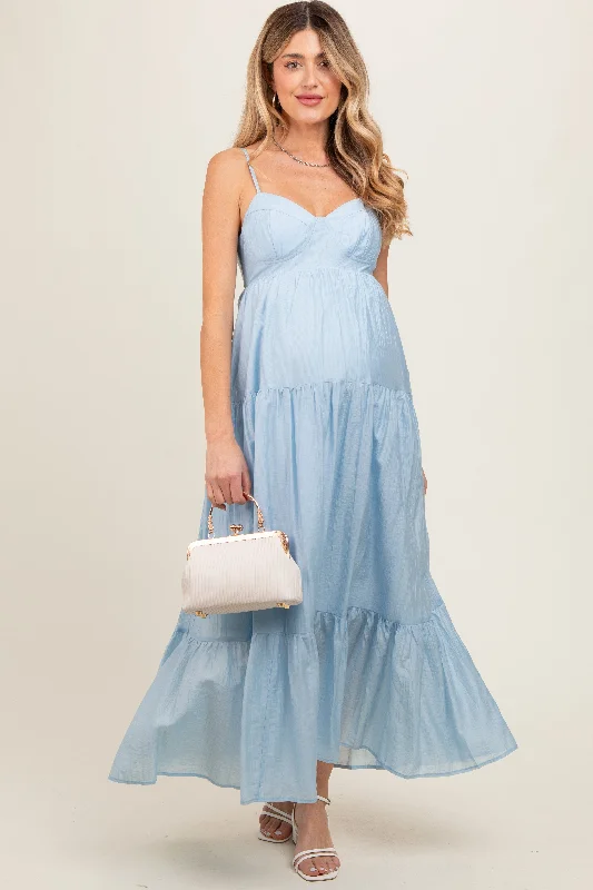 Midi dresses with keyhole backs for a flirty and unexpected detailLight Blue Sleeveless Tiered Maternity Maxi Dress