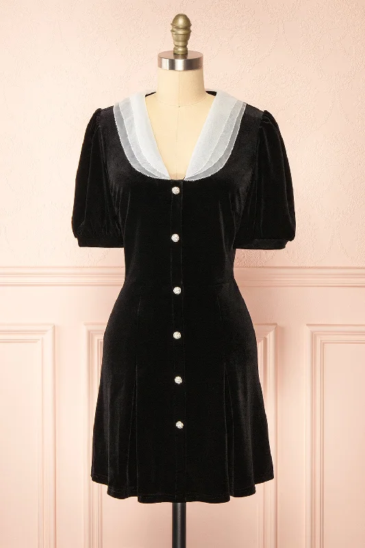 Midi dresses with ruched bodices for a feminine and fitted feelMandy | Short Black Velvet Dress w/ Peter Pan Collar Midi dresses with ruched bodices for a feminine and fitted feelMandy | Short Black Velvet Dress w/ Peter Pan Collar