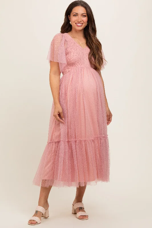 Midi dresses with metallic threads for a glamorous evening eventMauve Dotted Tulle Smocked Maternity Midi Dress