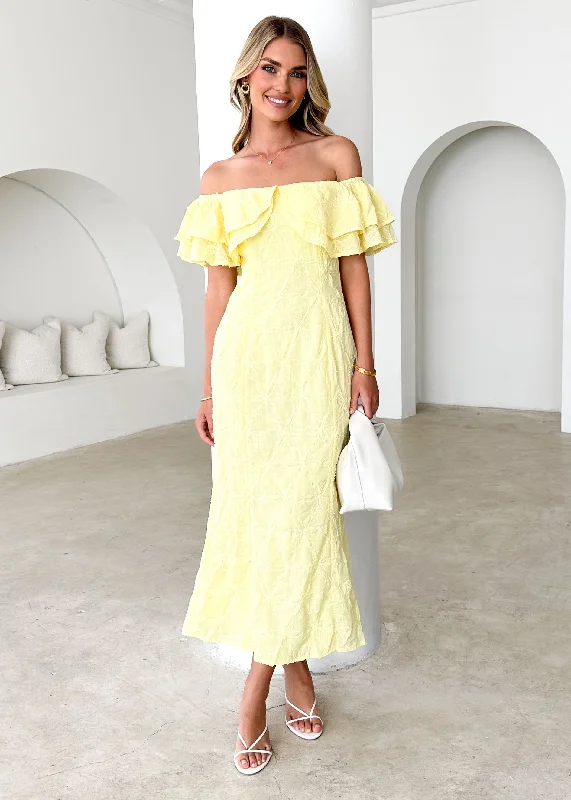 Midi dresses with wrap - around skirts for a customizable fitMona Off Shoulder Midi Dress - Lemon
