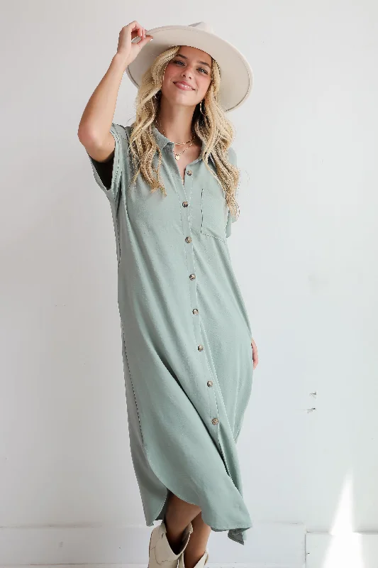 Midi dresses with ribbed textures for a unique and tactile appearanceFINAL SALE - Radiant Moment Sage Button Front Midi Dress Midi dresses with ribbed textures for a unique and tactile appearanceFINAL SALE - Radiant Moment Sage Button Front Midi Dress