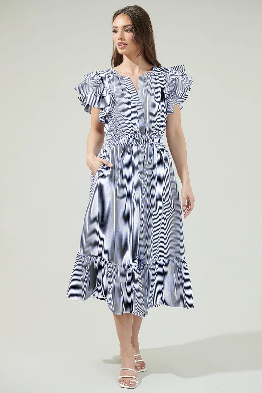 Midi dresses with ruffled sleeves for a more feminine and voluminous lookReynaga Striped Jelina Ruffle Sleeve Midi Dress