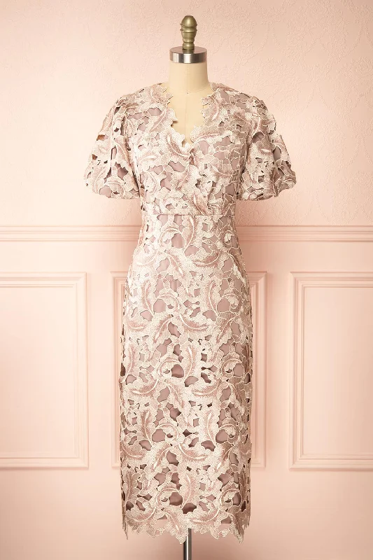 Sheath midi dresses with beaded embellishments for a formal occasionRolande | Midi Taupe Openwork Lace Dress