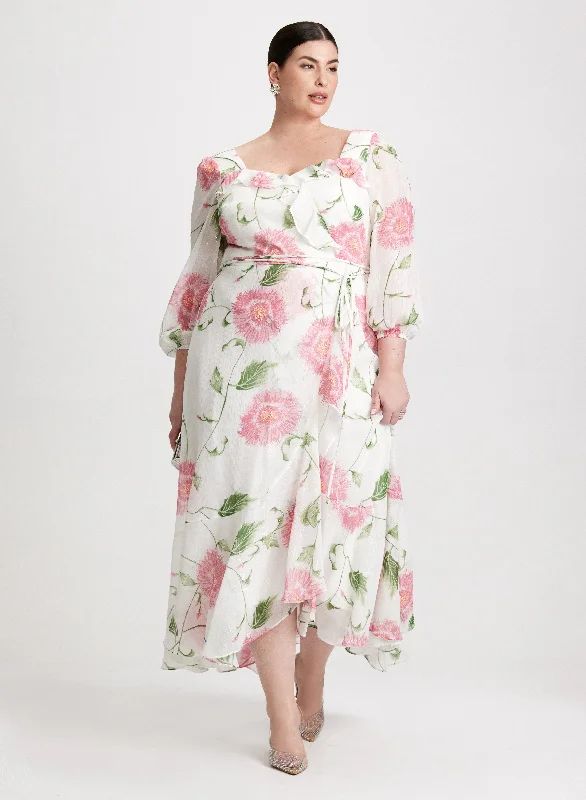 Midi dresses with belted waists to accentuate the figureRuffled Floral Chiffon Dress