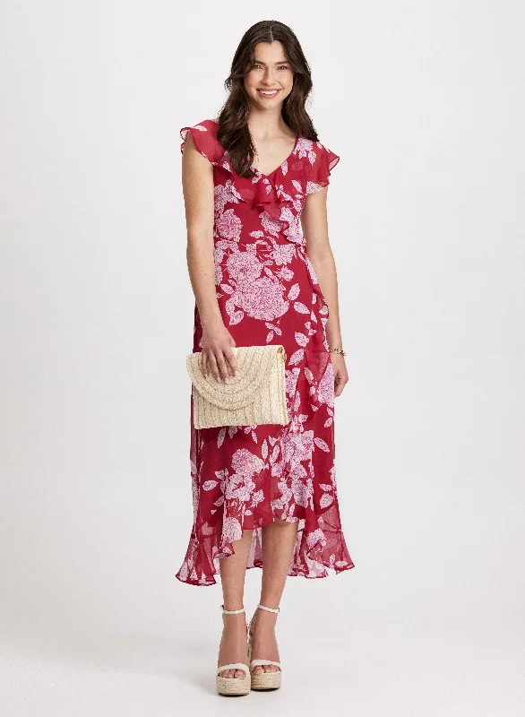 Plaid midi dresses for a fall - themed family gatheringRuffled Floral Midi Dress