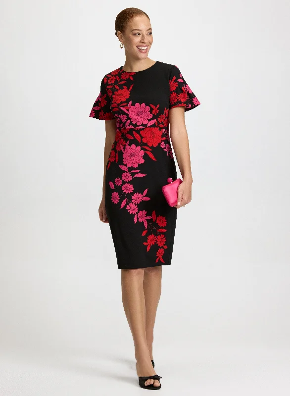 Maxi - inspired midi dresses with flowing fabrics for a beachy vibeShort Crepe Floral Dress