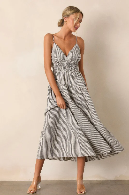 Midi dresses with embroidered accents for a unique and detailed designSweet Harmony Navy Stripe Sleeveless Midi Dress