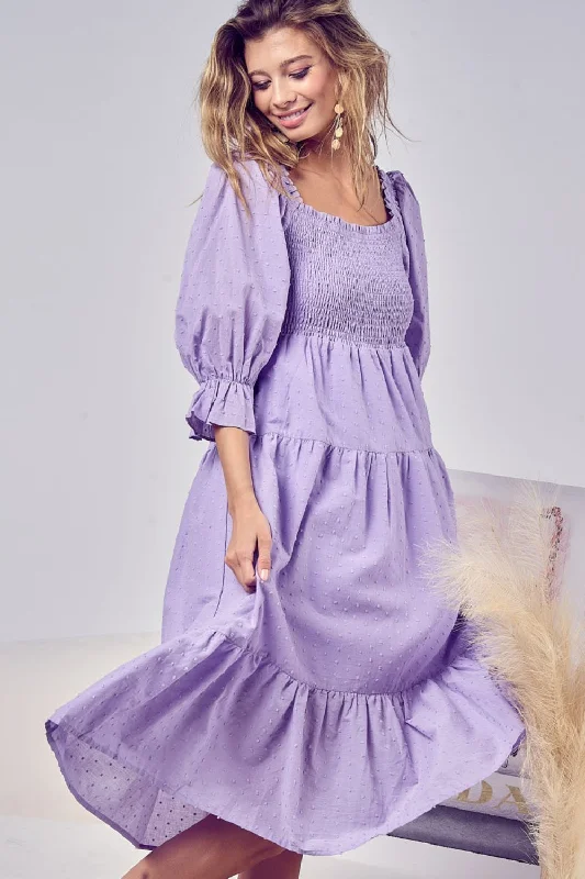 Midi dresses with button - down skirts for a unique and functional designSwiss Dot Flounce Sleeve Smocked Tiered Midi Dress Midi dresses with button - down skirts for a unique and functional designSwiss Dot Flounce Sleeve Smocked Tiered Midi Dress
