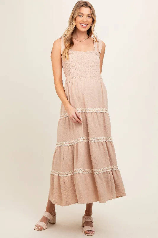 Sheath midi dresses with beaded embellishments for a formal occasionTaupe Smocked Maternity Maxi Dress Sheath midi dresses with beaded embellishments for a formal occasionTaupe Smocked Maternity Maxi Dress