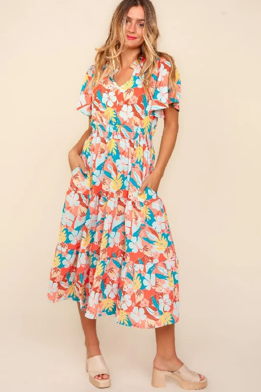 Midi dresses with abstract art prints for an artistic statementTropical Floral Tiered Midi Dress with Side Pockets