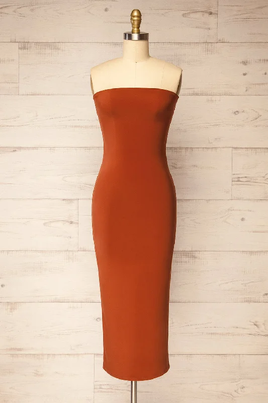 Midi dresses with satin - finish fabrics for a luxurious feelVictorya Rust | Strapless Fitted Midi Dress