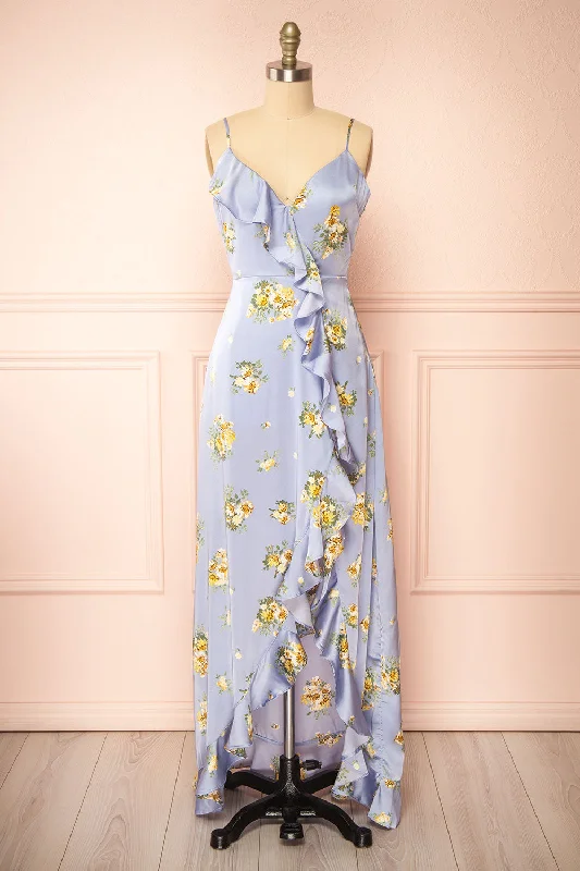 Midi dresses with fringe details for a fun and energetic styleYzila | Floral Blue Maxi Dress w/ Ruffles